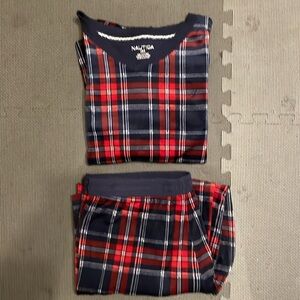 Nautica pajama set red navy plaid long sleeved and drawstring elastic band pants